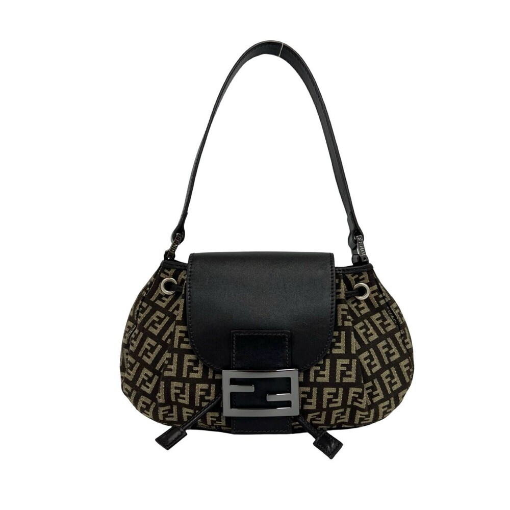 FENDI Zucchino FF Pattern Canvas Leather Semi-One Shoulder Bag Handbag Brown ...